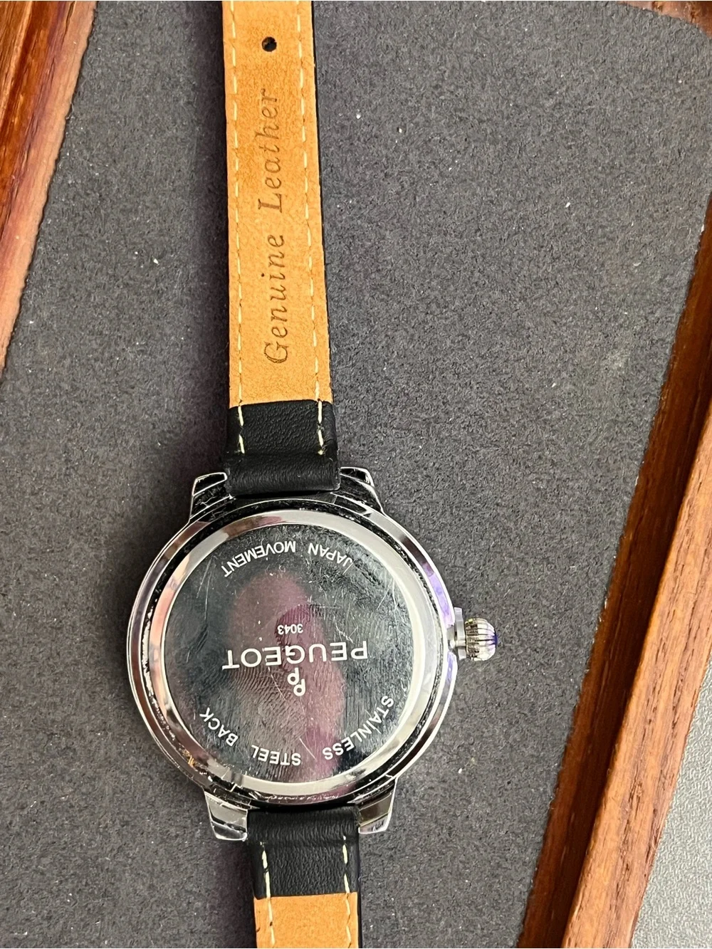 Peugeot Silver Crystal Bezel Watch with Black Strap